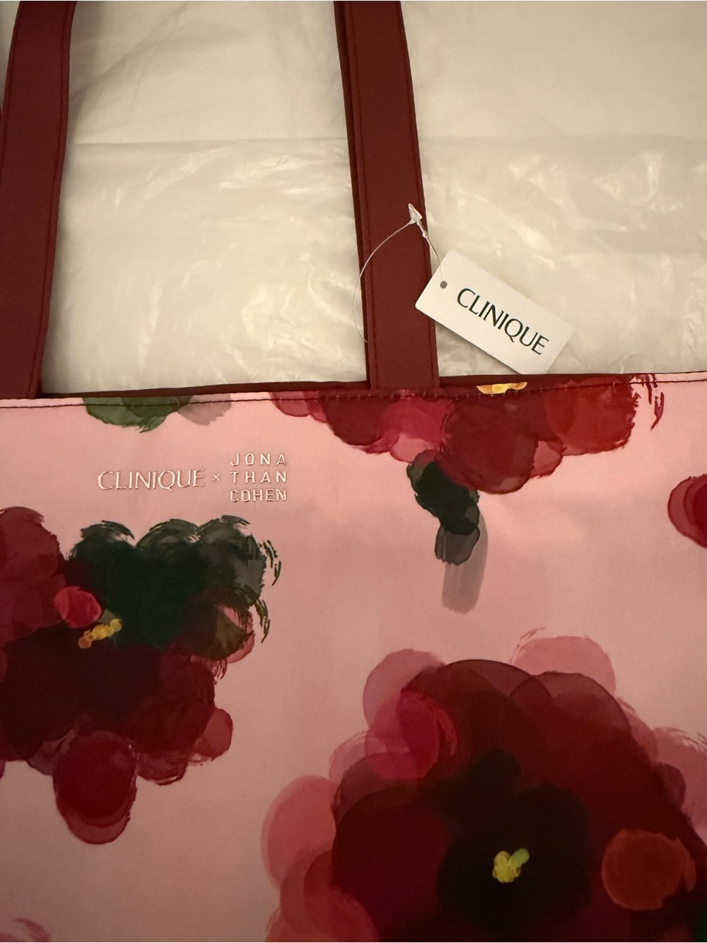 Clinique Pink Tote with Red Floral Print - Picture 2 of 7